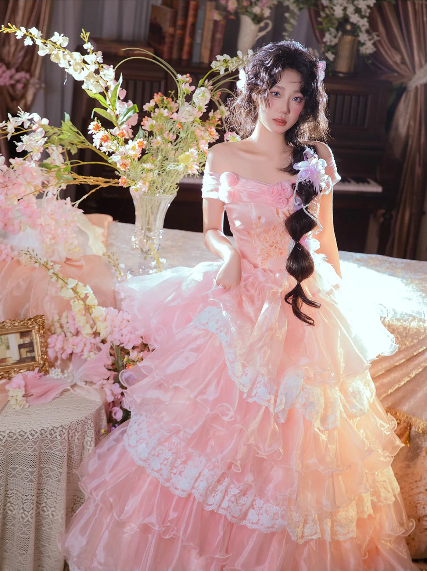 Romantic-Blush-Pink-Off-Shoulder-Lace-Embroidery-Tiered-Tulle-Prom-Dress11