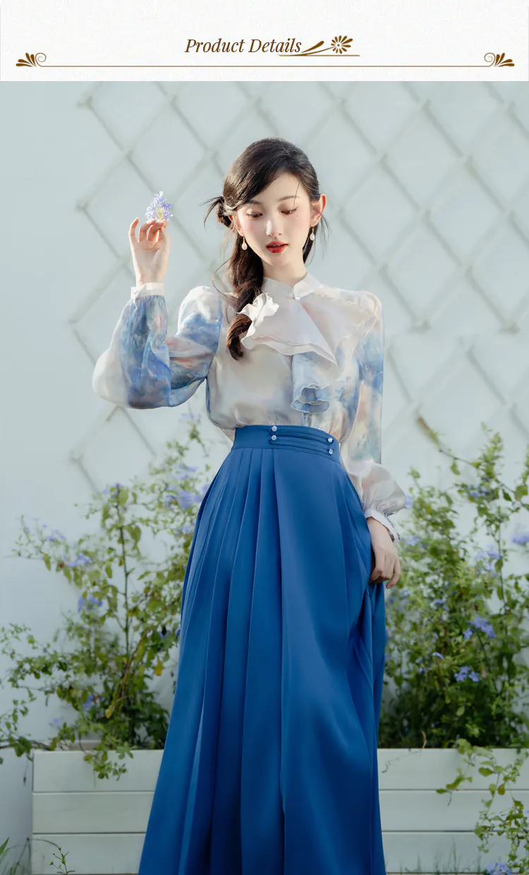 Romantic-French-Style-Oil-Painting-Top-with-Blue-Skirt-Casual-Outfit-Suit09