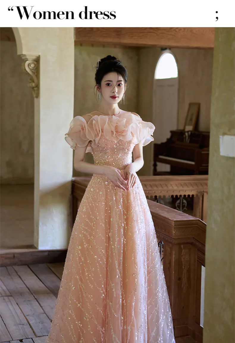 Romantic Pink Ruffle Neck Sparkly Tulle Formal Sequin Evening Dress (Size: M)
