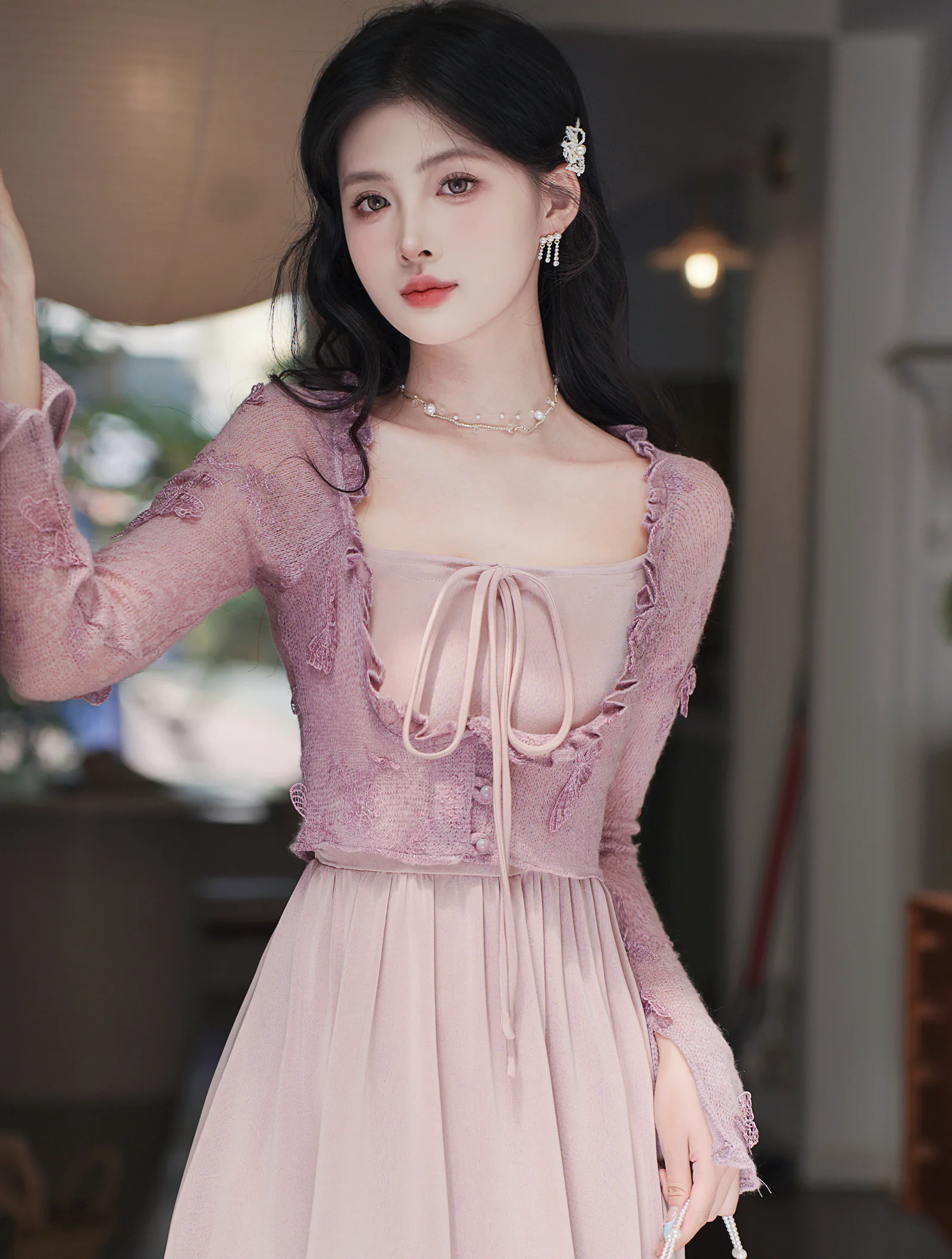Sweet French Ballet Style Casual Slip Dress with Pink Knit Cardigan Set02
