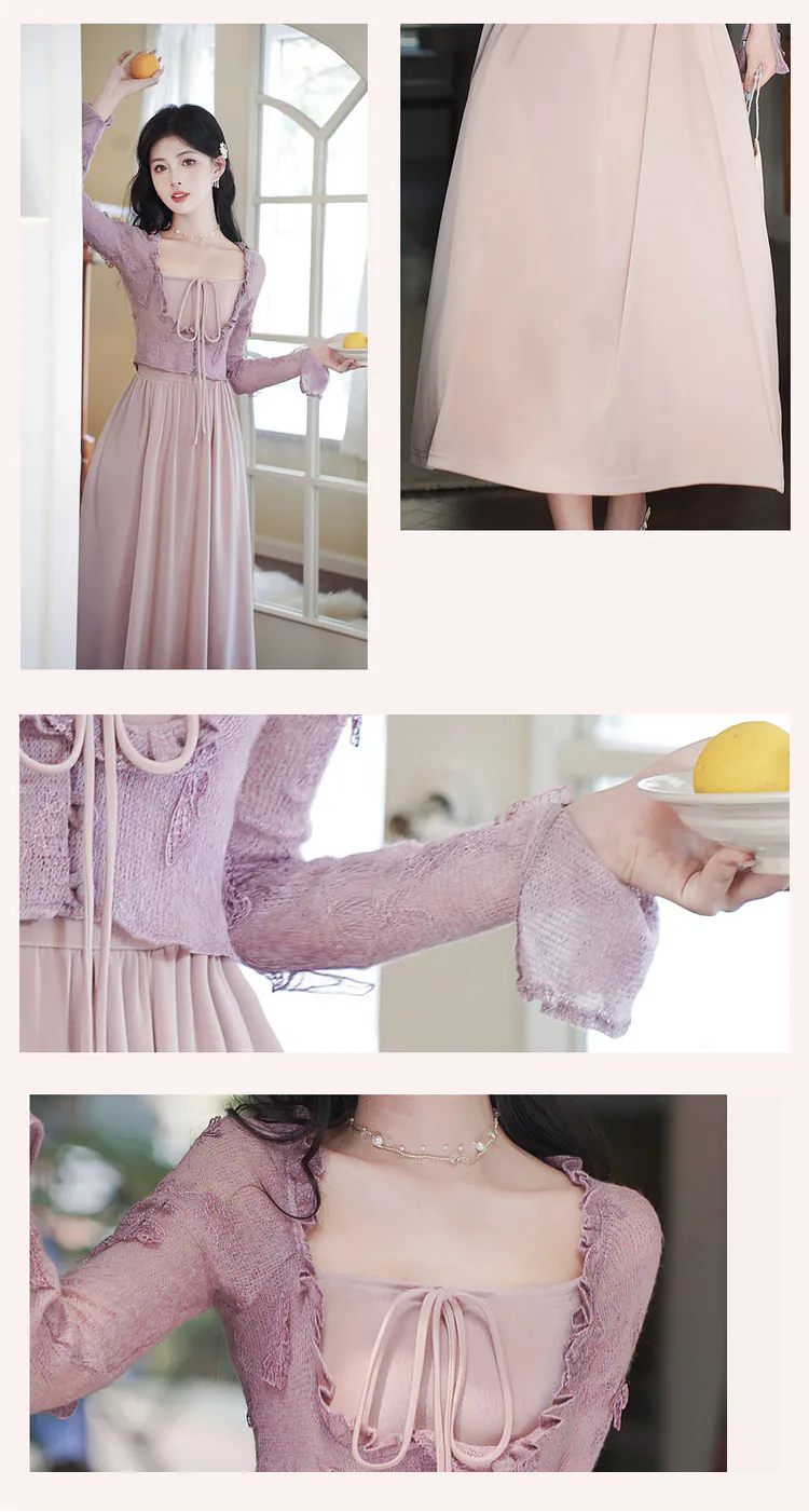 Sweet-French-Ballet-Style-Casual-Slip-Dress-with-Pink-Knit-Cardigan-Set10