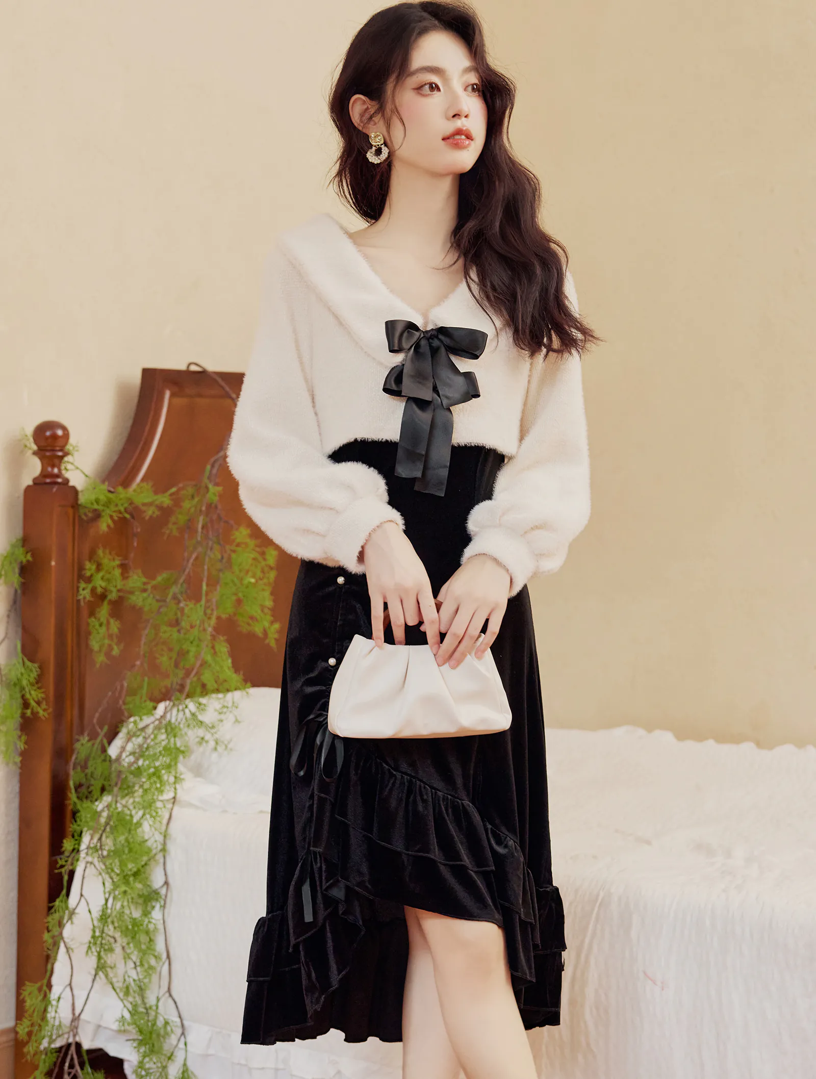 Sweet Lolita Style Fishtail High Low Slip Dress with Fleece Cardigan01