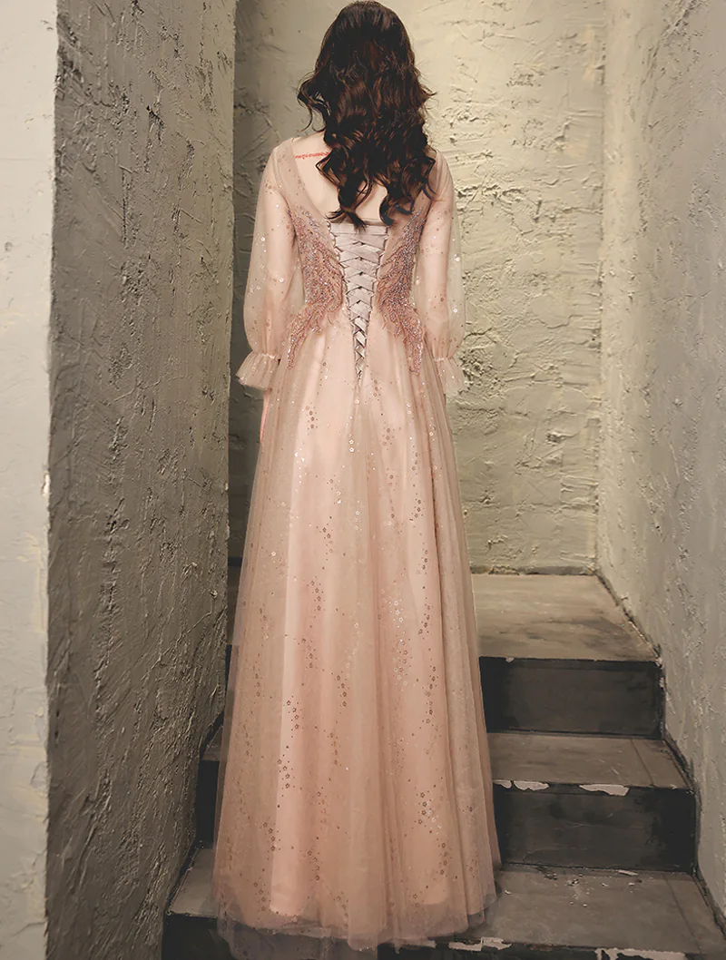 Sweet V Neck Pink Tulle Long Sleeve Evening Banquet Formal Dress01