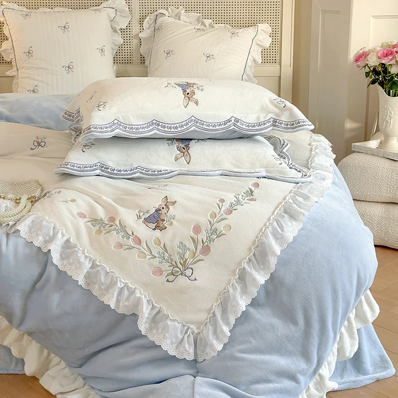 Vintage Aesthetic Milk Velvet Bedding Set with Cute Rabbit Embroidery02