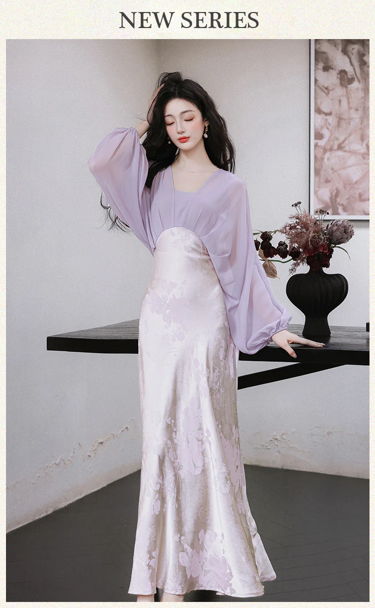 Vintage-Soft-Purple-Sheer-Long-Sleeve-Jacquard-Satin-Skirt-Casual-Dress07