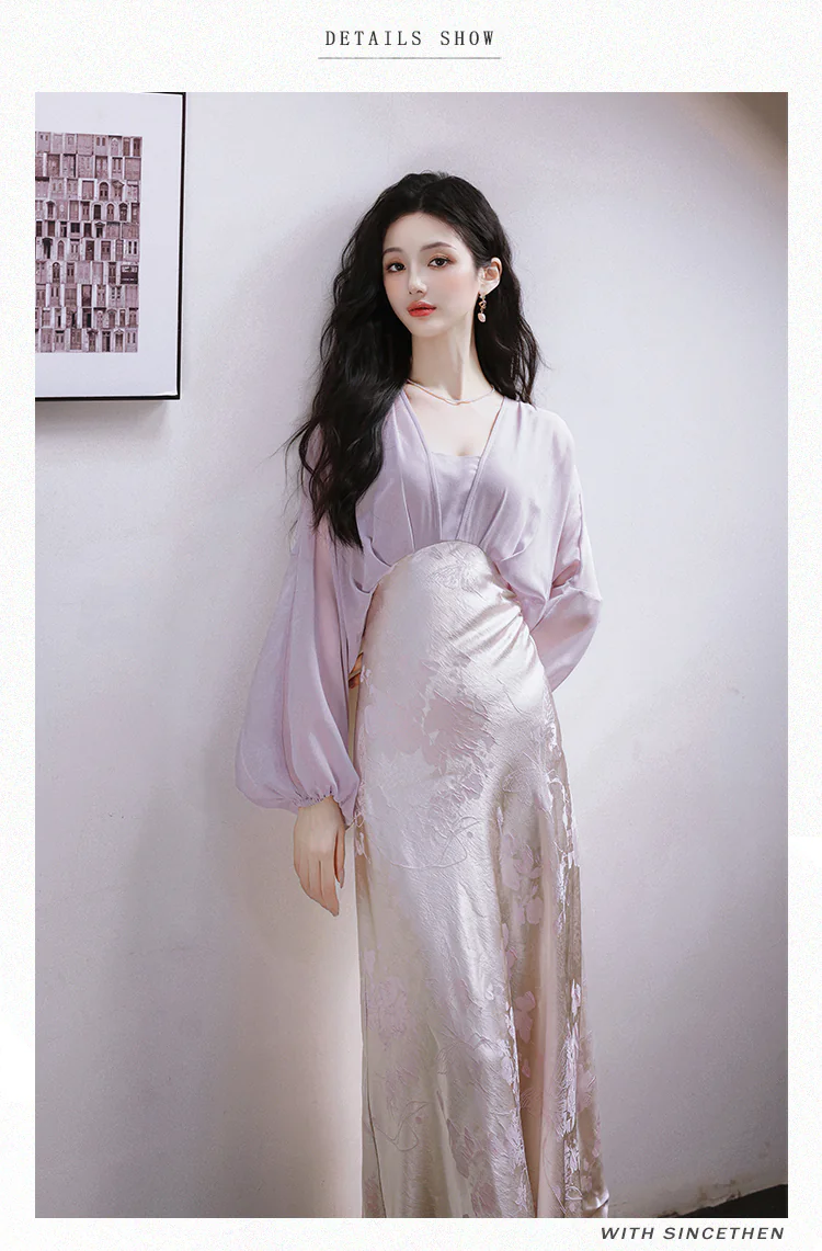 Vintage-Soft-Purple-Sheer-Long-Sleeve-Jacquard-Satin-Skirt-Casual-Dress10