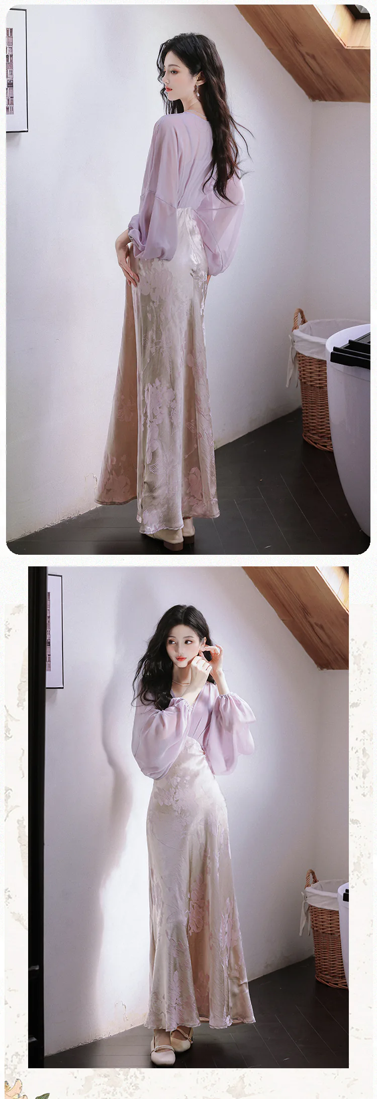 Vintage-Soft-Purple-Sheer-Long-Sleeve-Jacquard-Satin-Skirt-Casual-Dress11