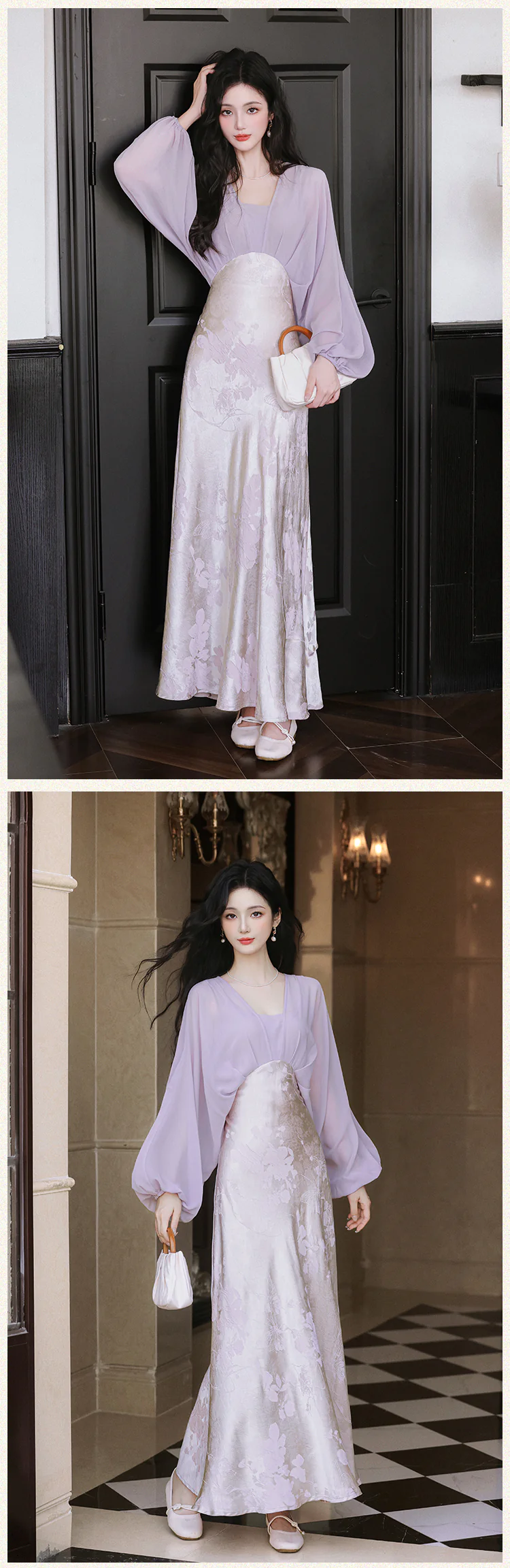 Vintage-Soft-Purple-Sheer-Long-Sleeve-Jacquard-Satin-Skirt-Casual-Dress14