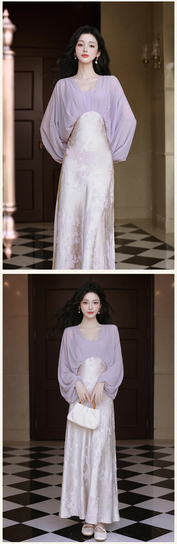Vintage-Soft-Purple-Sheer-Long-Sleeve-Jacquard-Satin-Skirt-Casual-Dress15