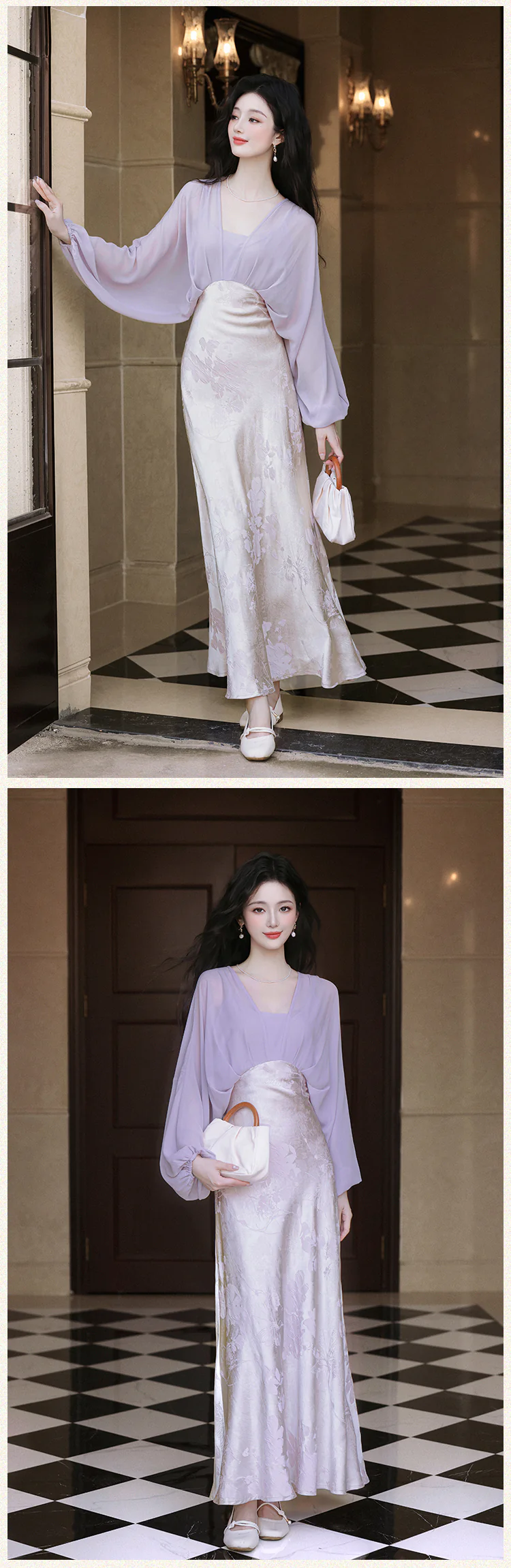 Vintage-Soft-Purple-Sheer-Long-Sleeve-Jacquard-Satin-Skirt-Casual-Dress16