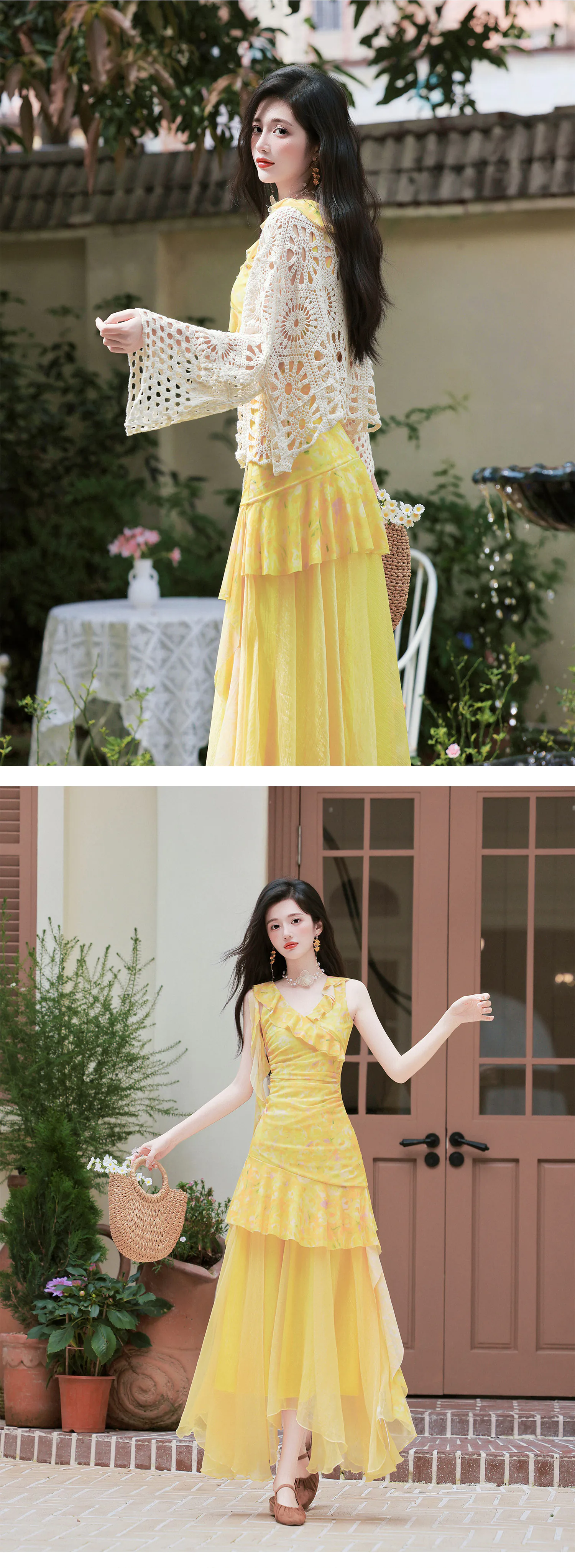 Yellow-Floral-Cami-Top-with-Mesh-Skirt-and-Crochet-Hollow-Out-Cardigan-Set13