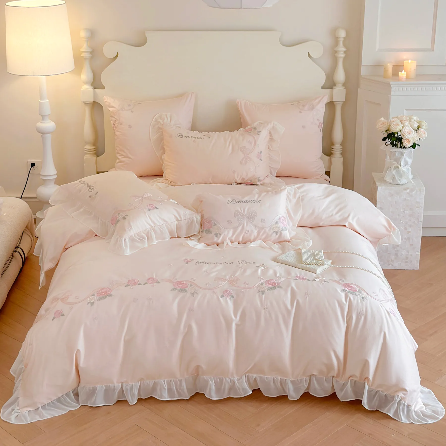 100% Long Staple Cotton Pink Floral Embroidery Ruffle Edge Bedding Set01