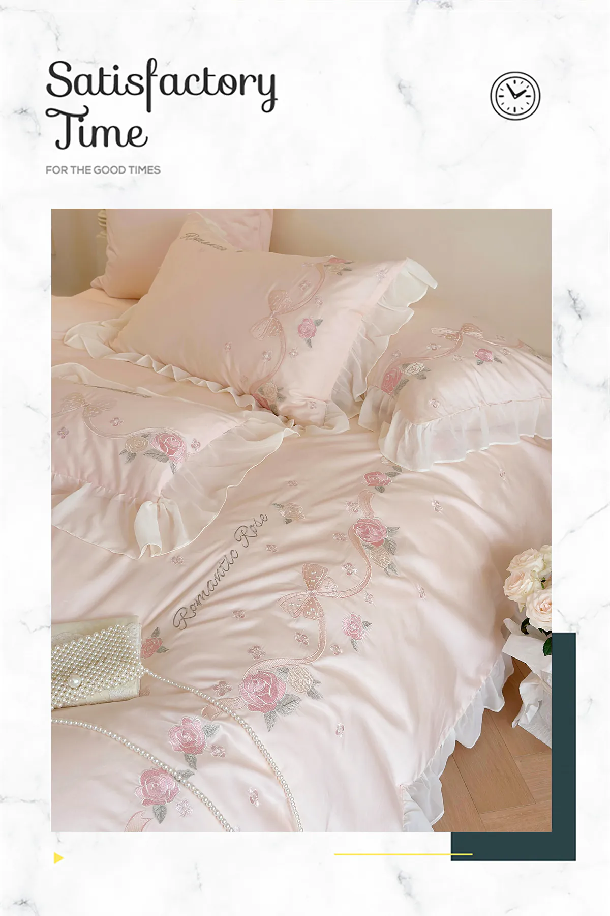 100% Long Staple Cotton Pink Floral Embroidery Ruffle Edge Bedding Set ...
