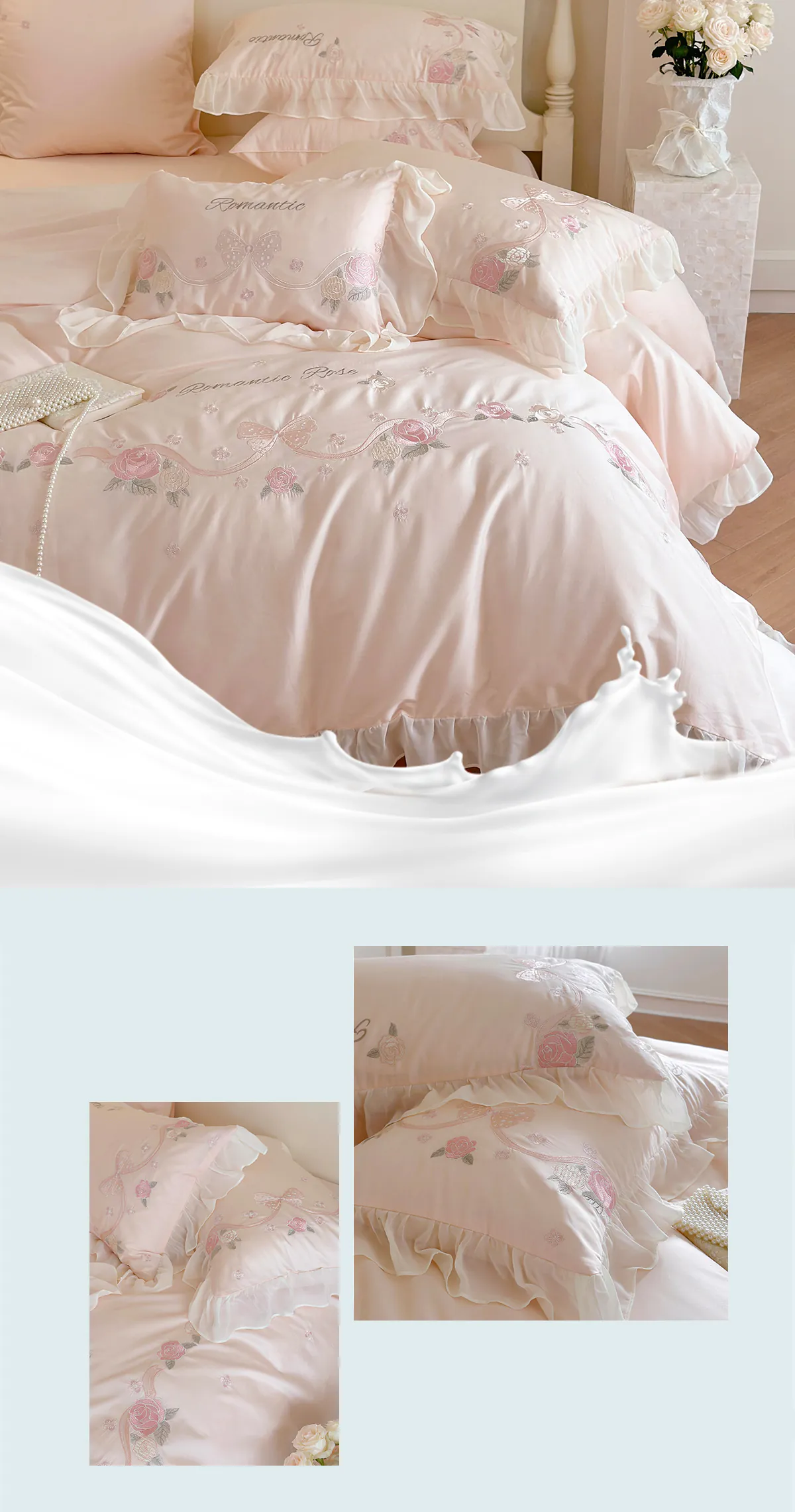 100% Long Staple Cotton Pink Floral Embroidery Ruffle Edge Bedding Set ...