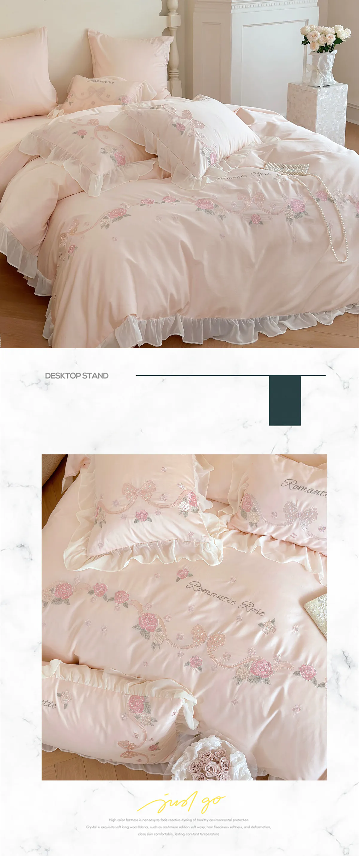100% Long Staple Cotton Pink Floral Embroidery Ruffle Edge Bedding Set ...