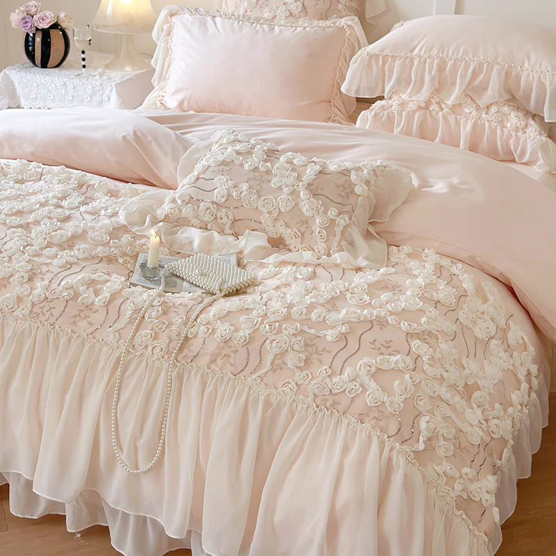 Aesthetic 140S Long Staple Cotton Chiffon Lace Floral Bedding Set01