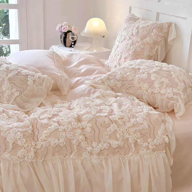 Aesthetic 140S Long Staple Cotton Chiffon Lace Floral Bedding Set02