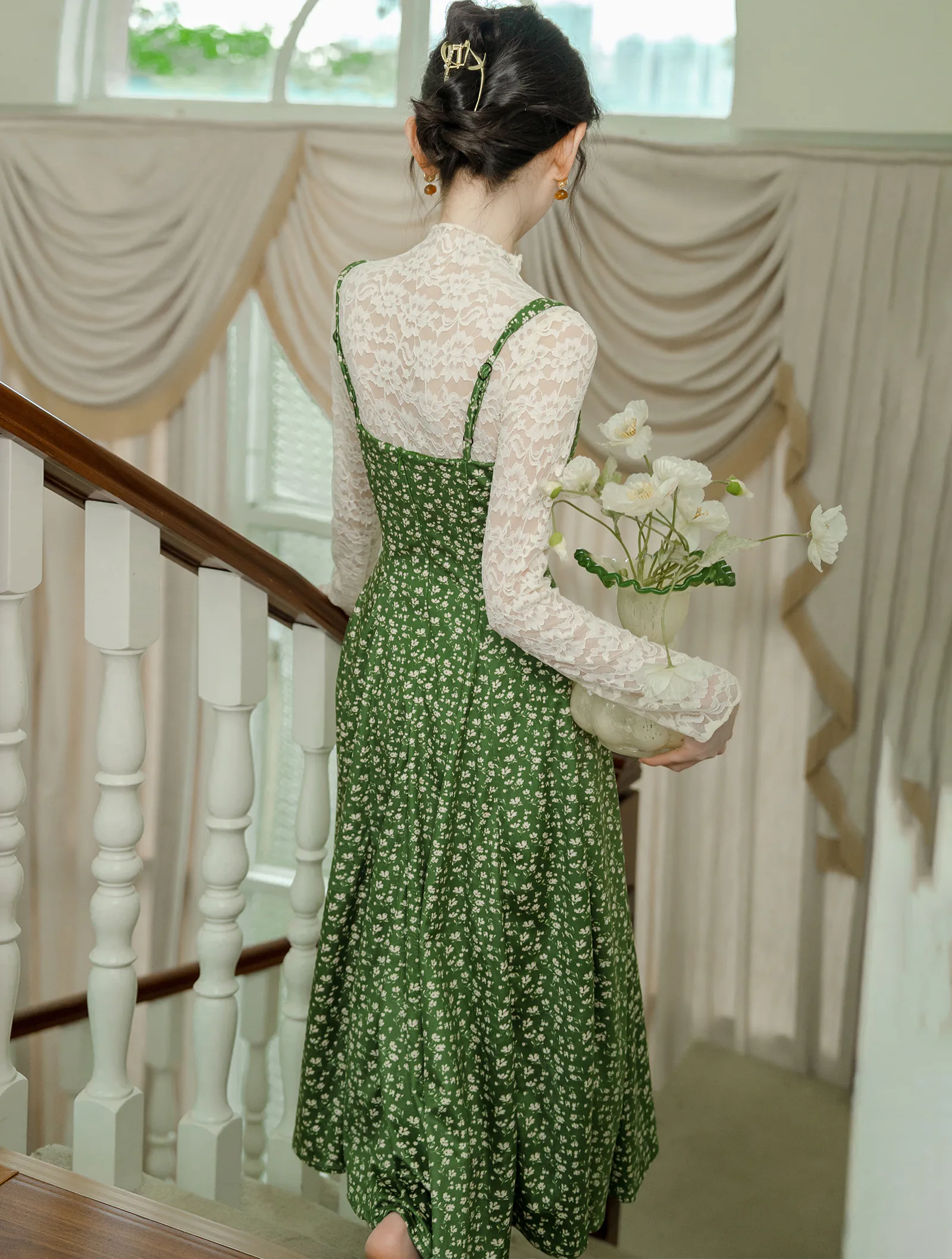 Cottagecore Lace Top with Green Floral Velvet Slip Casual Dress Suit01