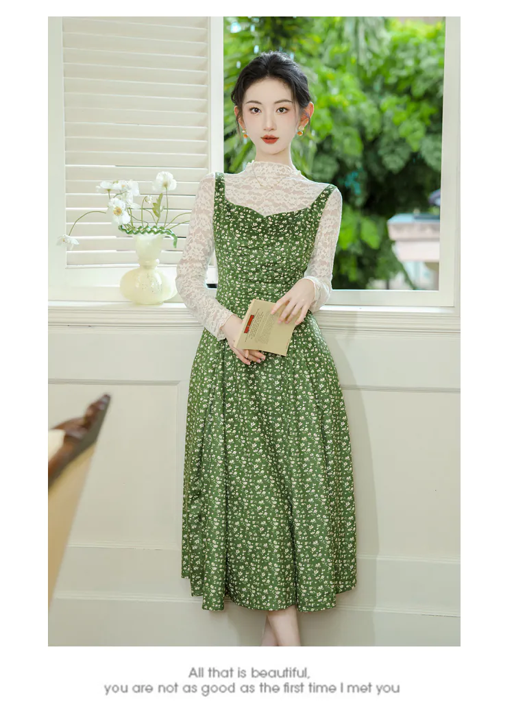 Cottagecore-Lace-Top-with-Green-Floral-Velvet-Slip-Casual-Dress-Suit07
