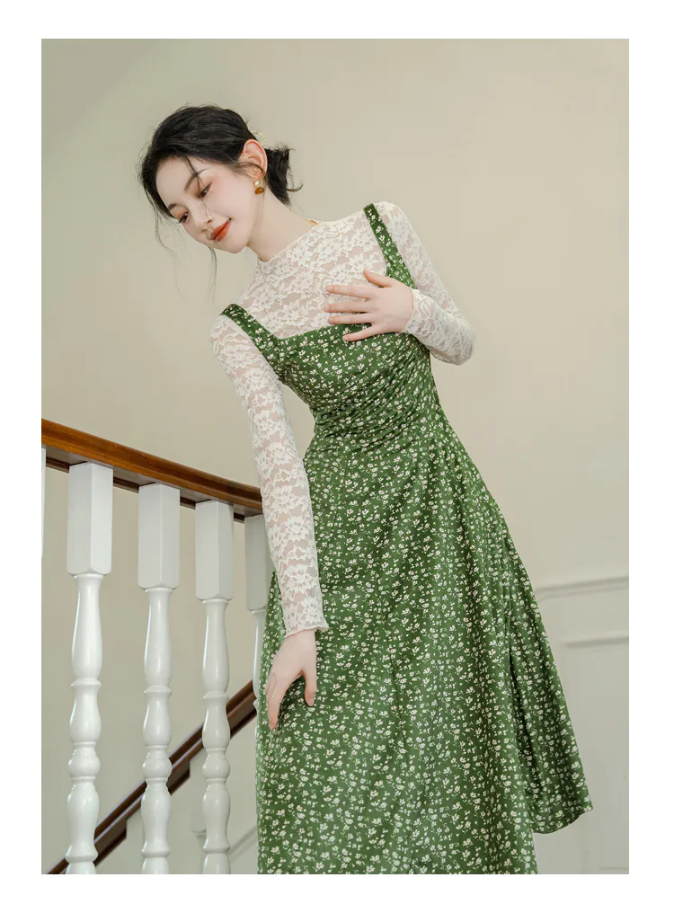 Cottagecore-Lace-Top-with-Green-Floral-Velvet-Slip-Casual-Dress-Suit08