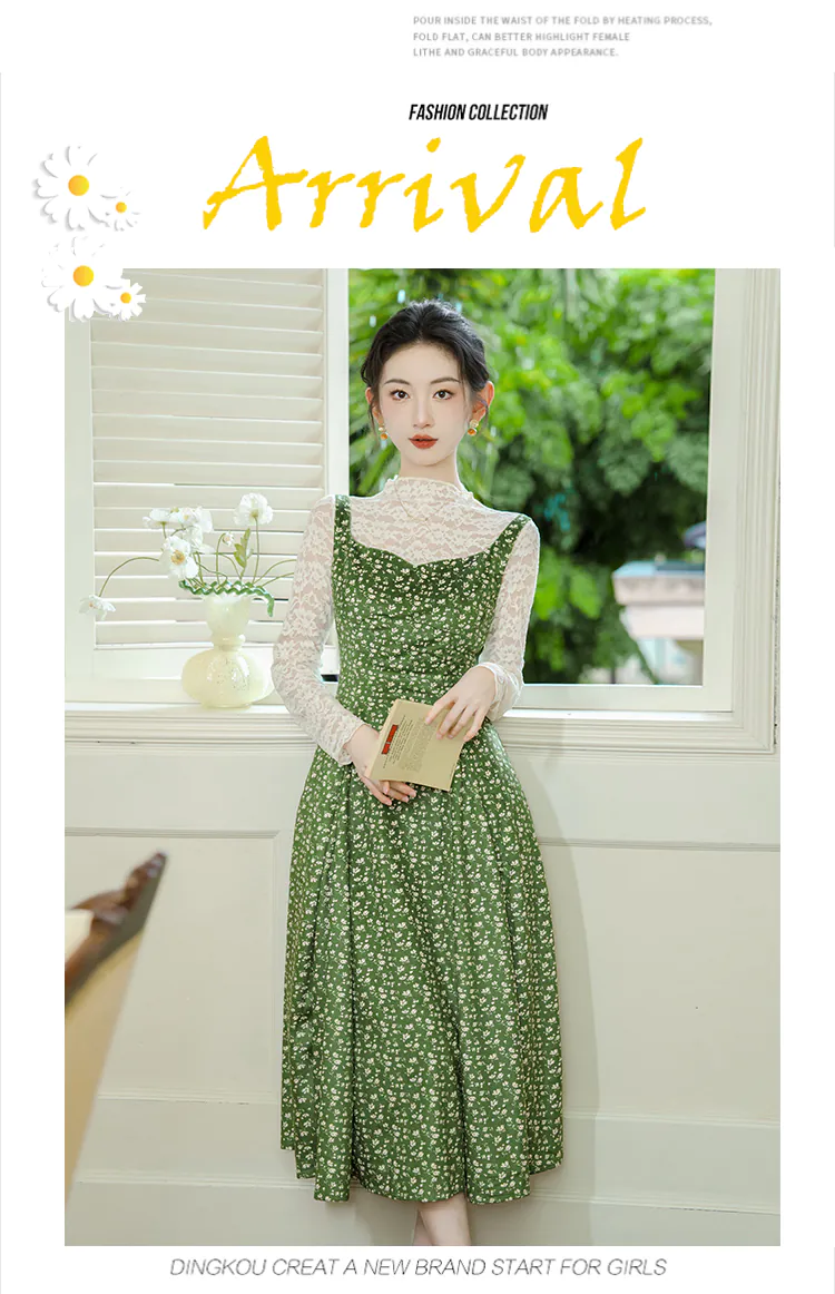 Cottagecore-Lace-Top-with-Green-Floral-Velvet-Slip-Casual-Dress-Suit09