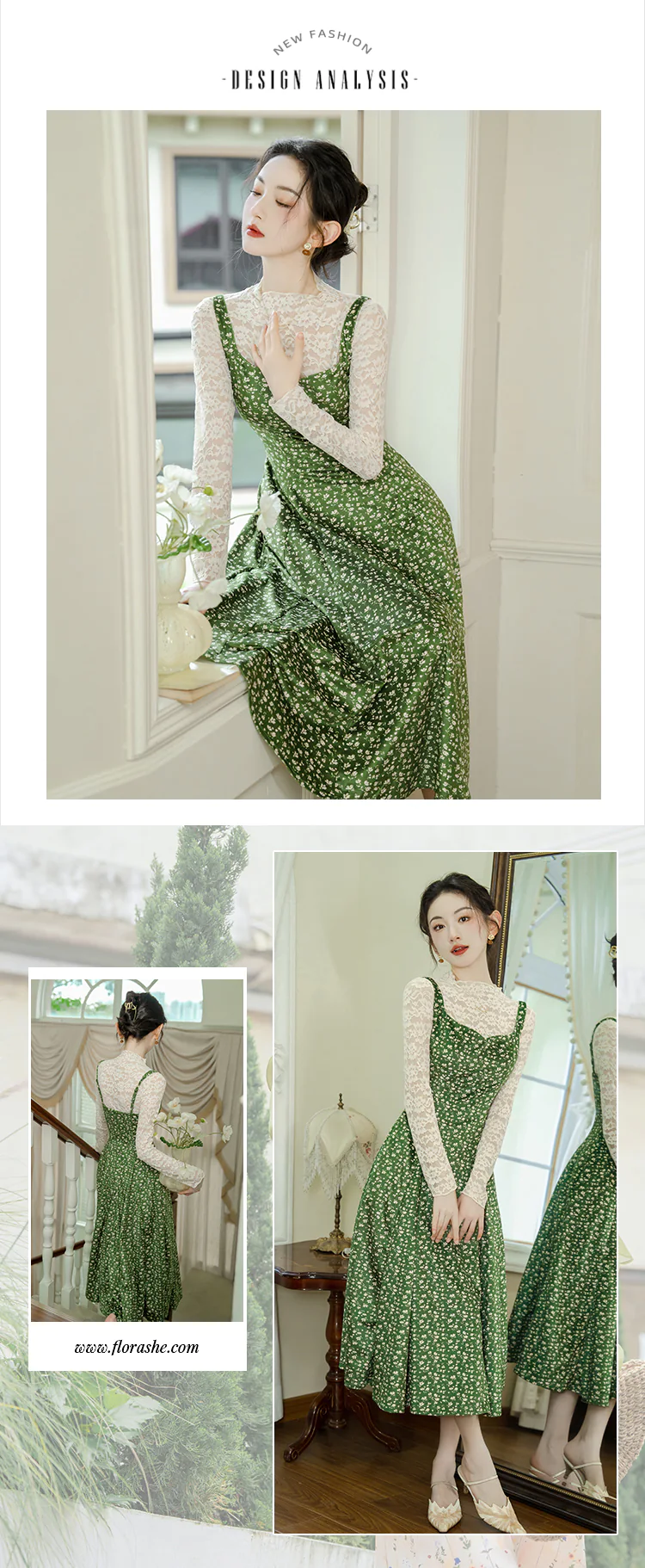 Cottagecore-Lace-Top-with-Green-Floral-Velvet-Slip-Casual-Dress-Suit10