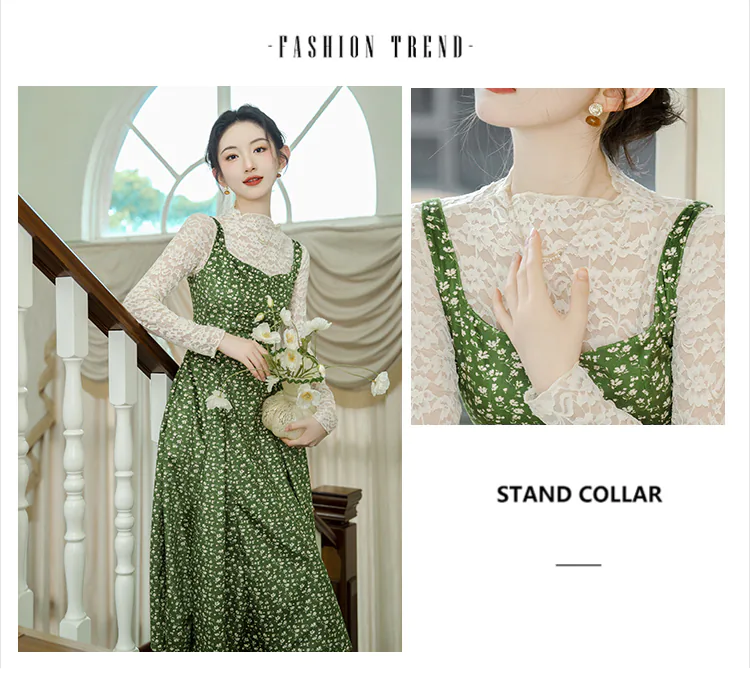 Cottagecore-Lace-Top-with-Green-Floral-Velvet-Slip-Casual-Dress-Suit11