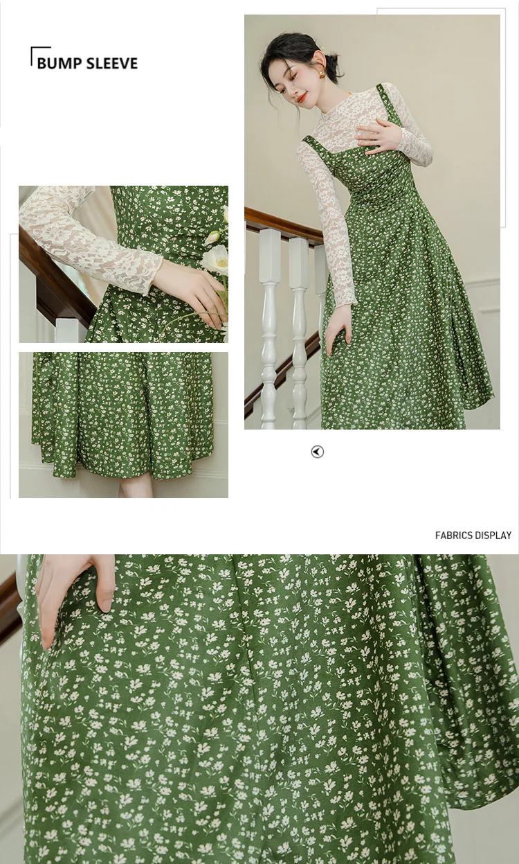 Cottagecore-Lace-Top-with-Green-Floral-Velvet-Slip-Casual-Dress-Suit12