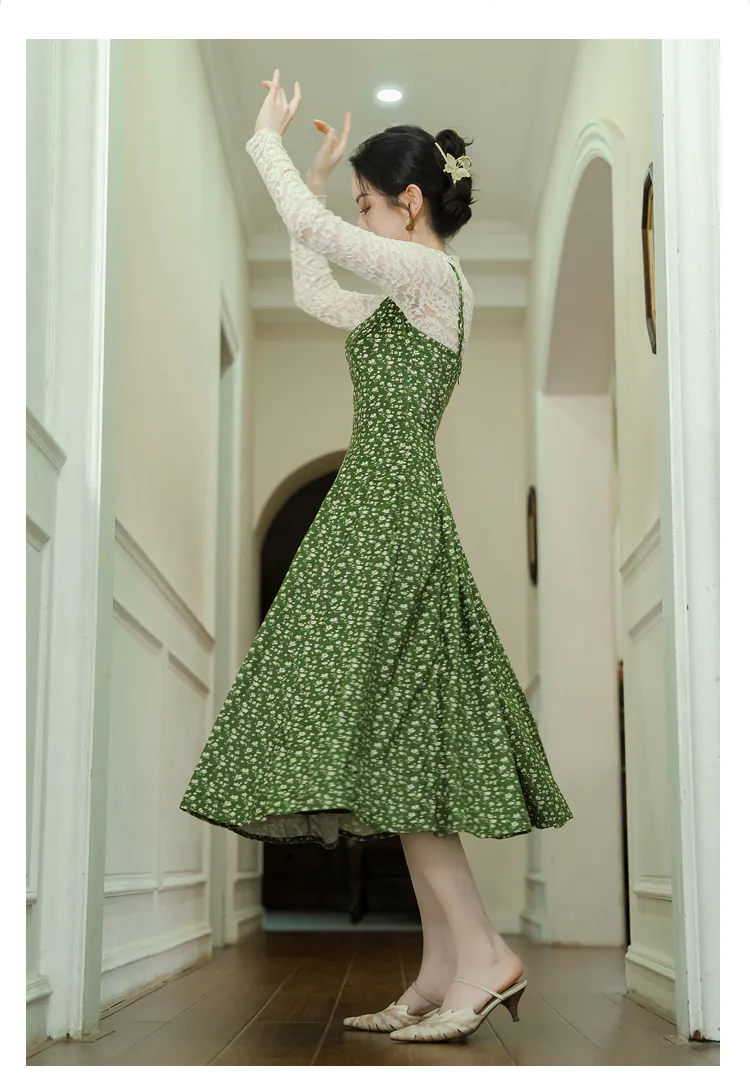 Cottagecore-Lace-Top-with-Green-Floral-Velvet-Slip-Casual-Dress-Suit13