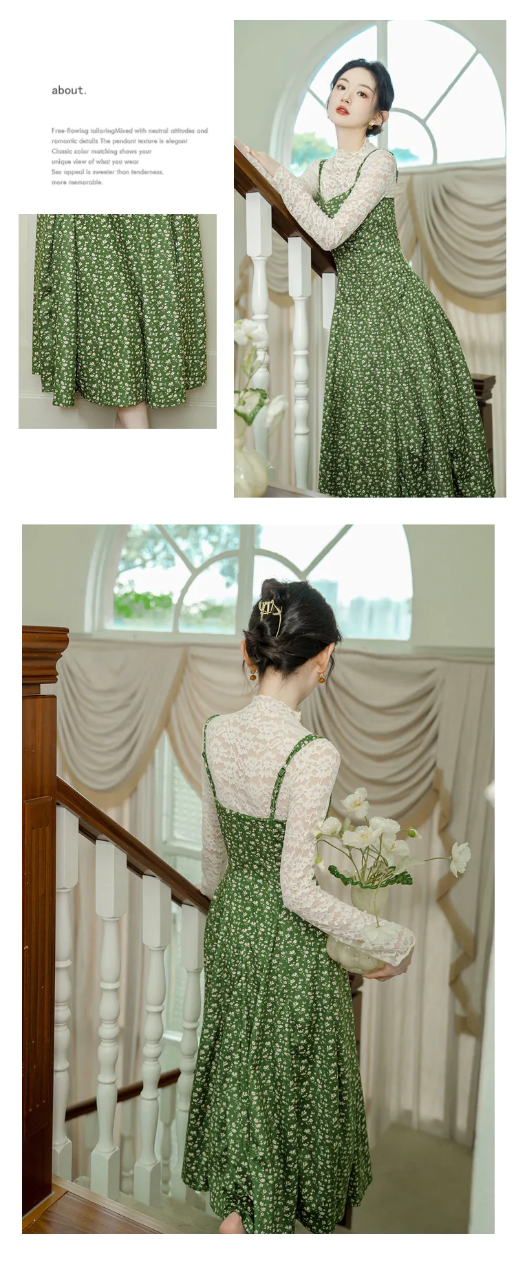 Cottagecore-Lace-Top-with-Green-Floral-Velvet-Slip-Casual-Dress-Suit14