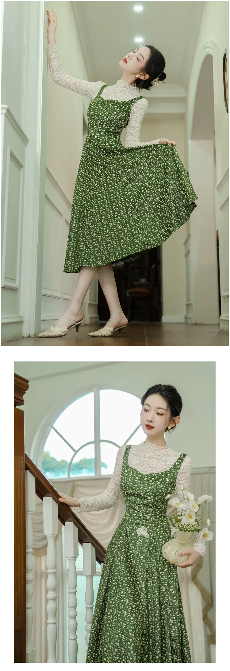 Cottagecore-Lace-Top-with-Green-Floral-Velvet-Slip-Casual-Dress-Suit15