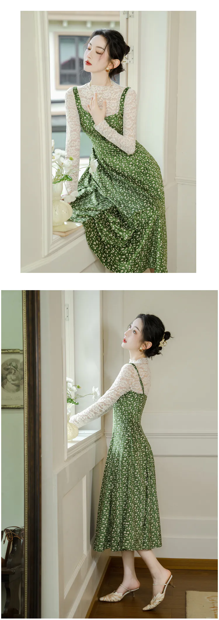 Cottagecore-Lace-Top-with-Green-Floral-Velvet-Slip-Casual-Dress-Suit16