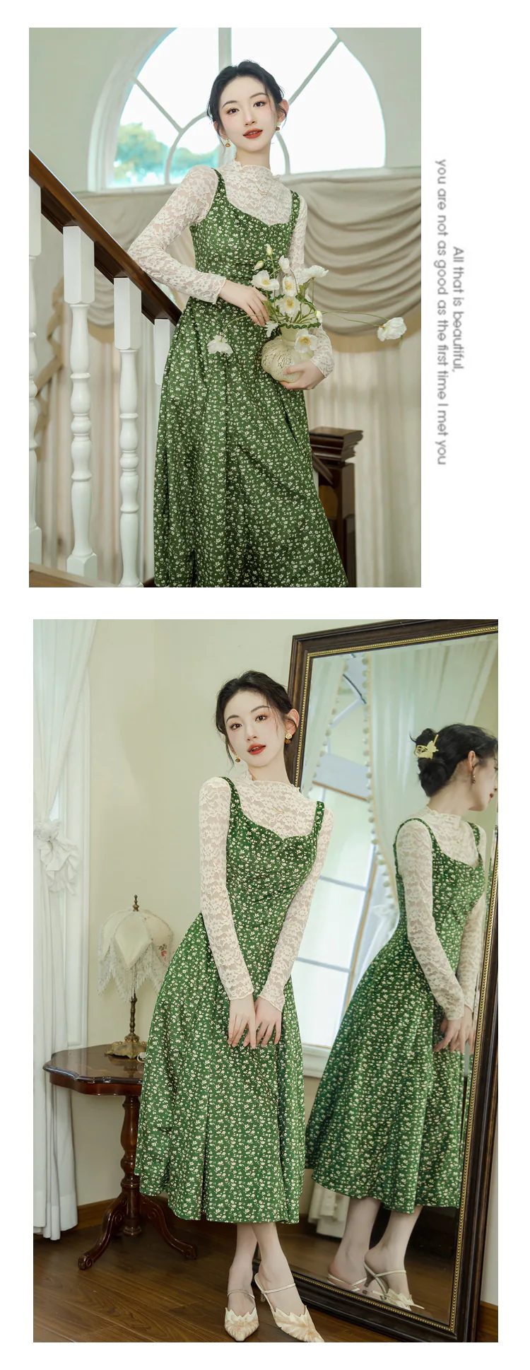 Cottagecore-Lace-Top-with-Green-Floral-Velvet-Slip-Casual-Dress-Suit17