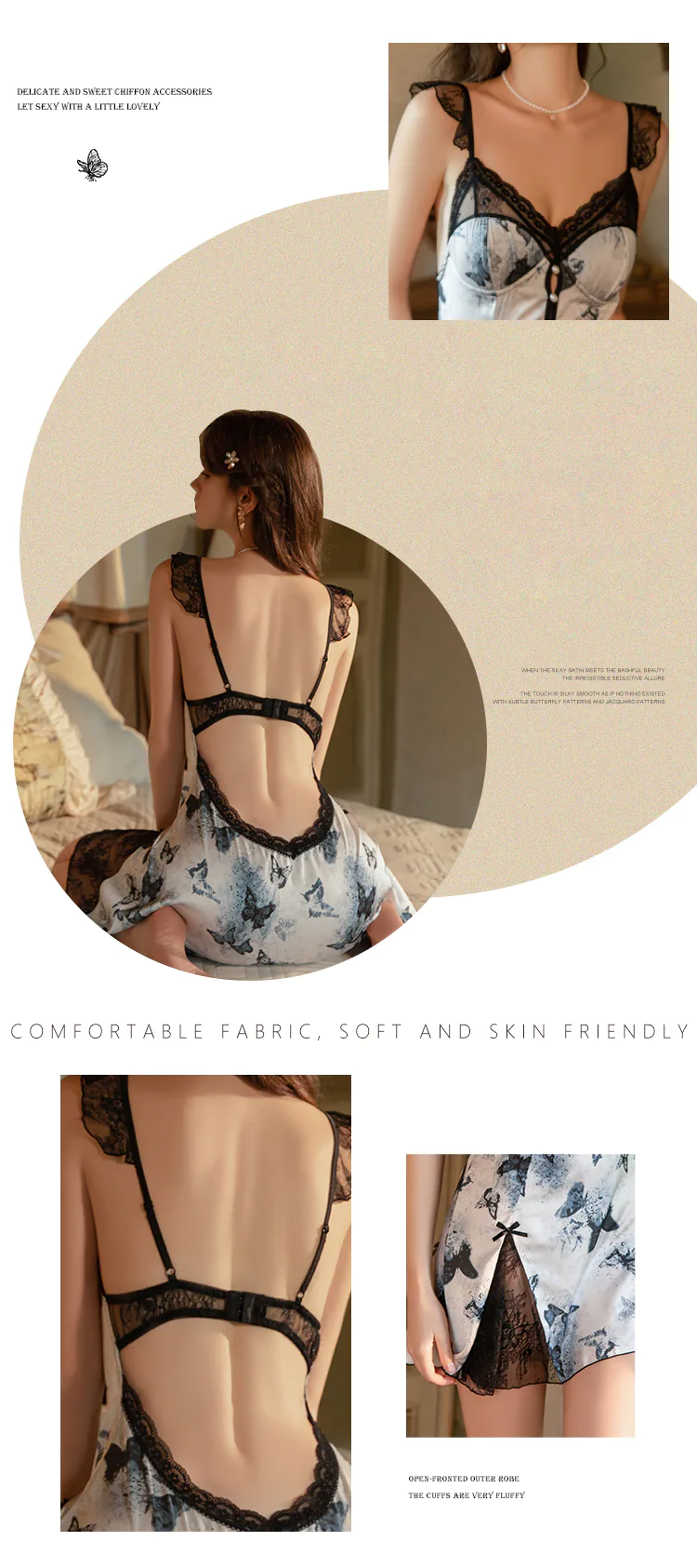 Deep-V-Neck-Silky-Satin-Butterfly-Print-Sheer-Lace-Hem-Slip-Nightgown10