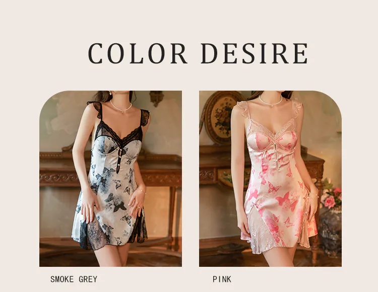 Deep-V-Neck-Silky-Satin-Butterfly-Print-Sheer-Lace-Hem-Slip-Nightgown11