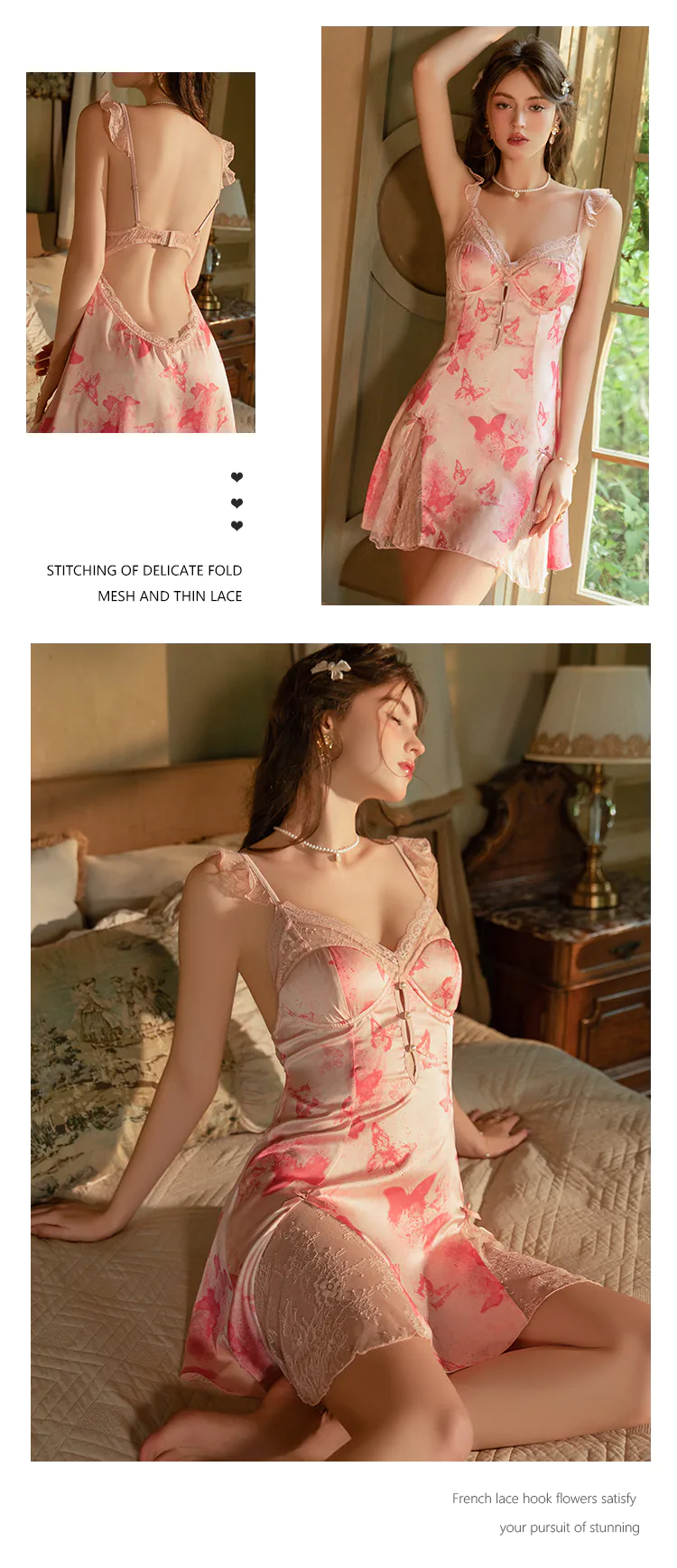 Deep-V-Neck-Silky-Satin-Butterfly-Print-Sheer-Lace-Hem-Slip-Nightgown16