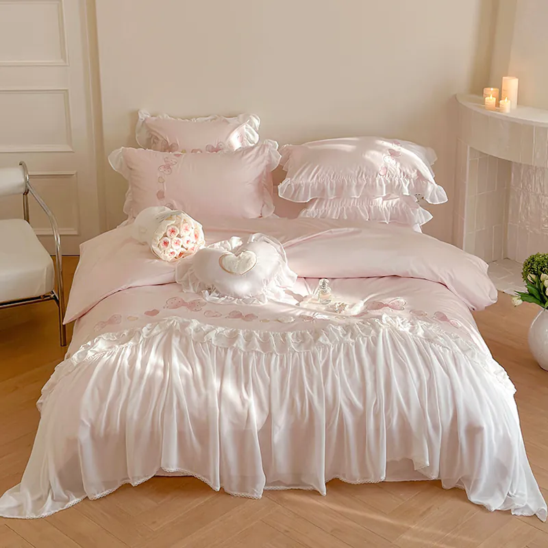 Exquisite Floral Embroidery Ruffle Egyptian Cotton Bedding 4 Pcs Set01