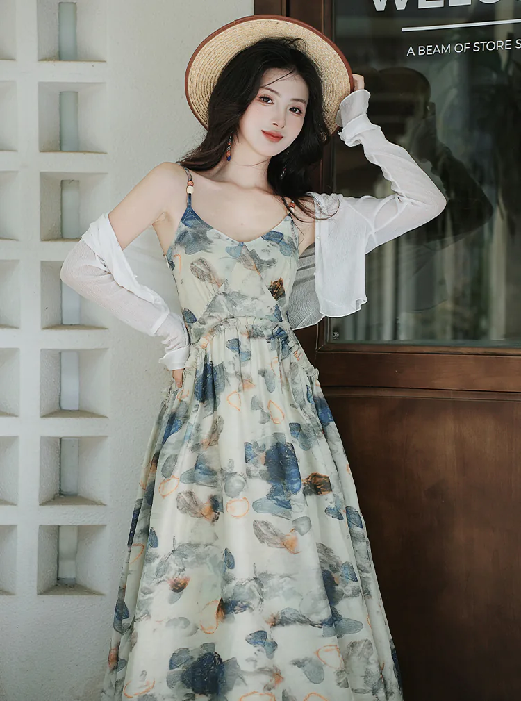 Gentle-French-Vintage-Tea-Length-Beach-Casual-Dress-with-Cardigan-Set07