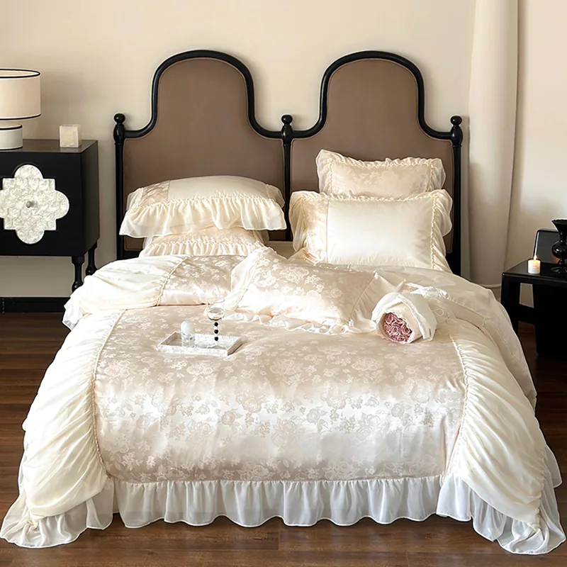 Luxury Long Staple Cotton Jacquard Floral Ruffle Bedding 4 Pcs Set01