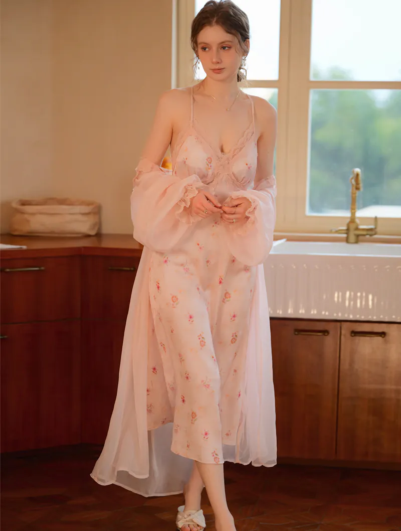 Romantic Floral Printed Lace Slip Dress with Robe Pajamas Set for Ladies03