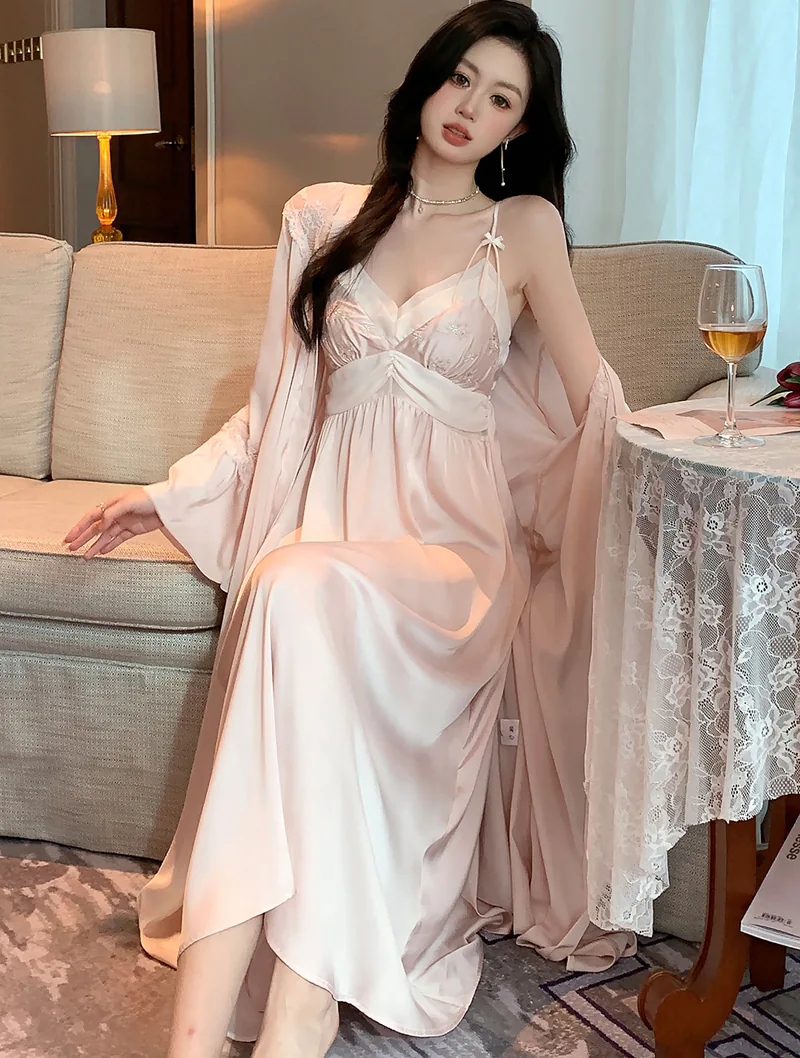 Romantic French Style Champagne Satin Robe Slip Dress 2 Piece Set02
