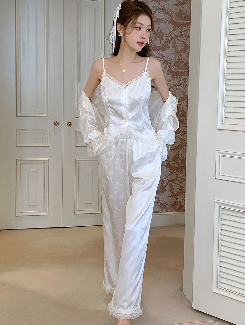 Romantic Jacquard Slip Dress with Robe Pants Casual Pajama 3 Pcs Set01