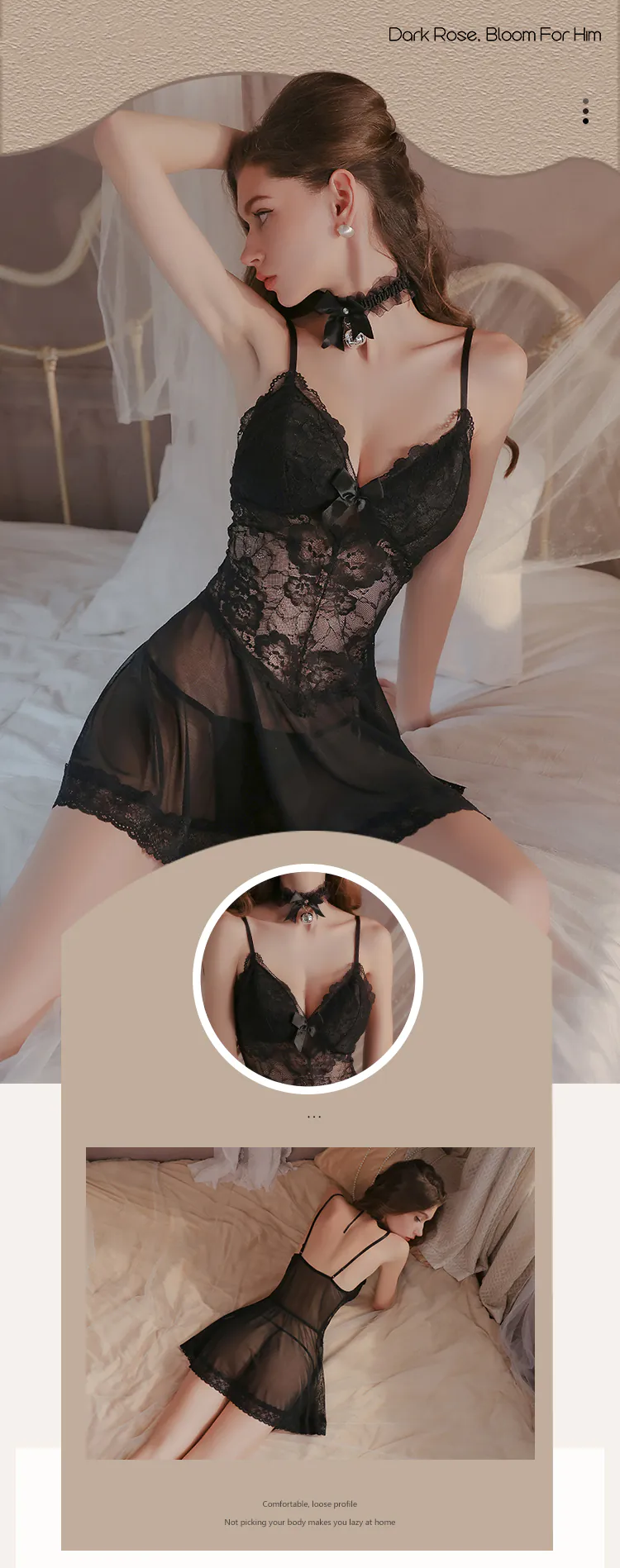 Sexy Black Deep V Neck Lace Mesh Nightgown Lingerie with Built in Bra Pad07