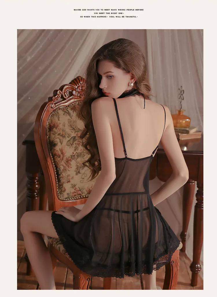 Sexy Black Deep V Neck Lace Mesh Nightgown Lingerie with Built in Bra Pad10