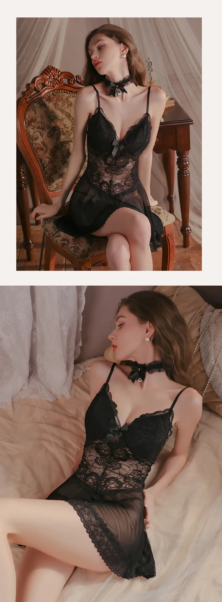Sexy Black Deep V Neck Lace Mesh Nightgown Lingerie with Built in Bra Pad12