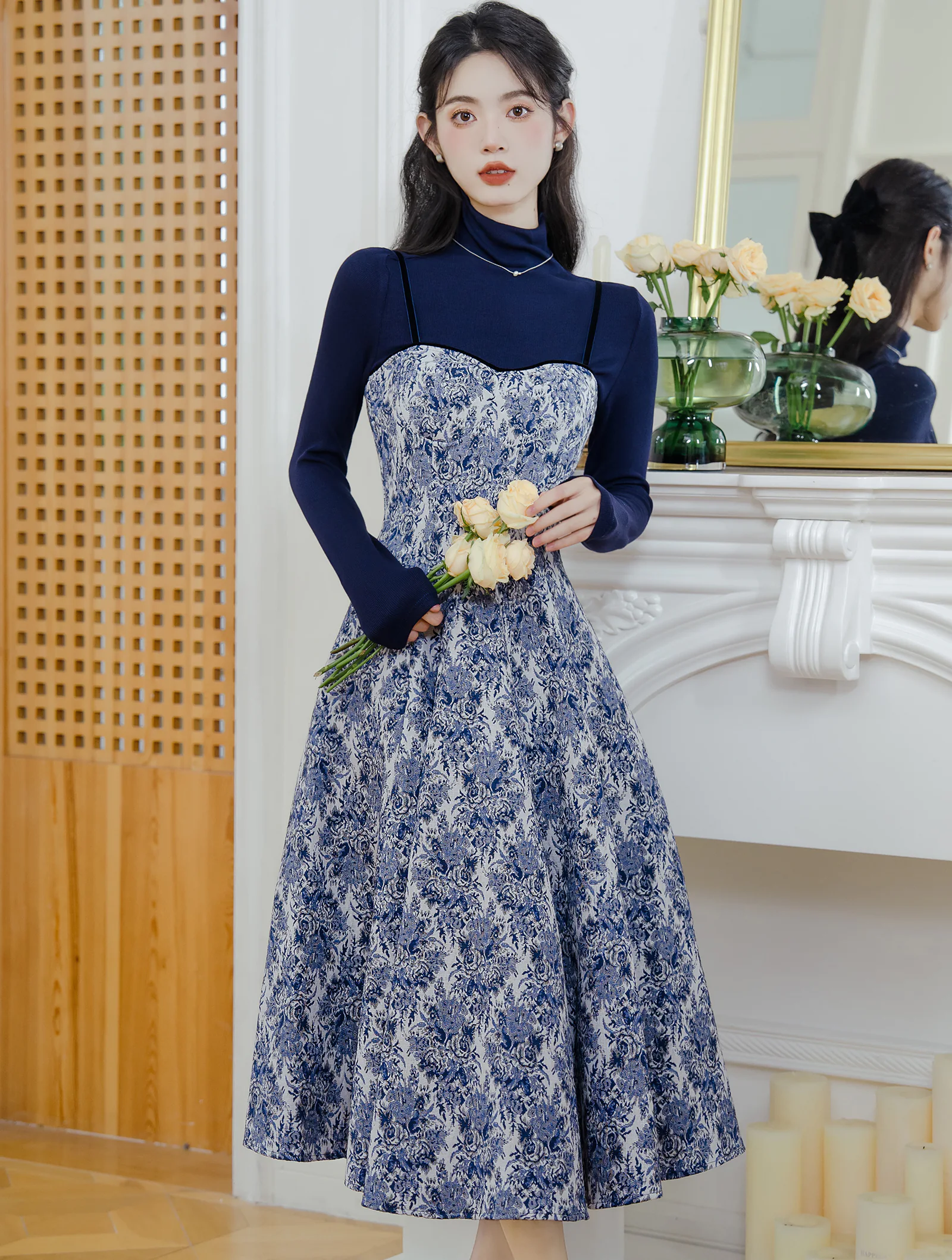 Sweet Blue Turtleneck Knit Sweater with Thick Floral Slip Dress Suit01
