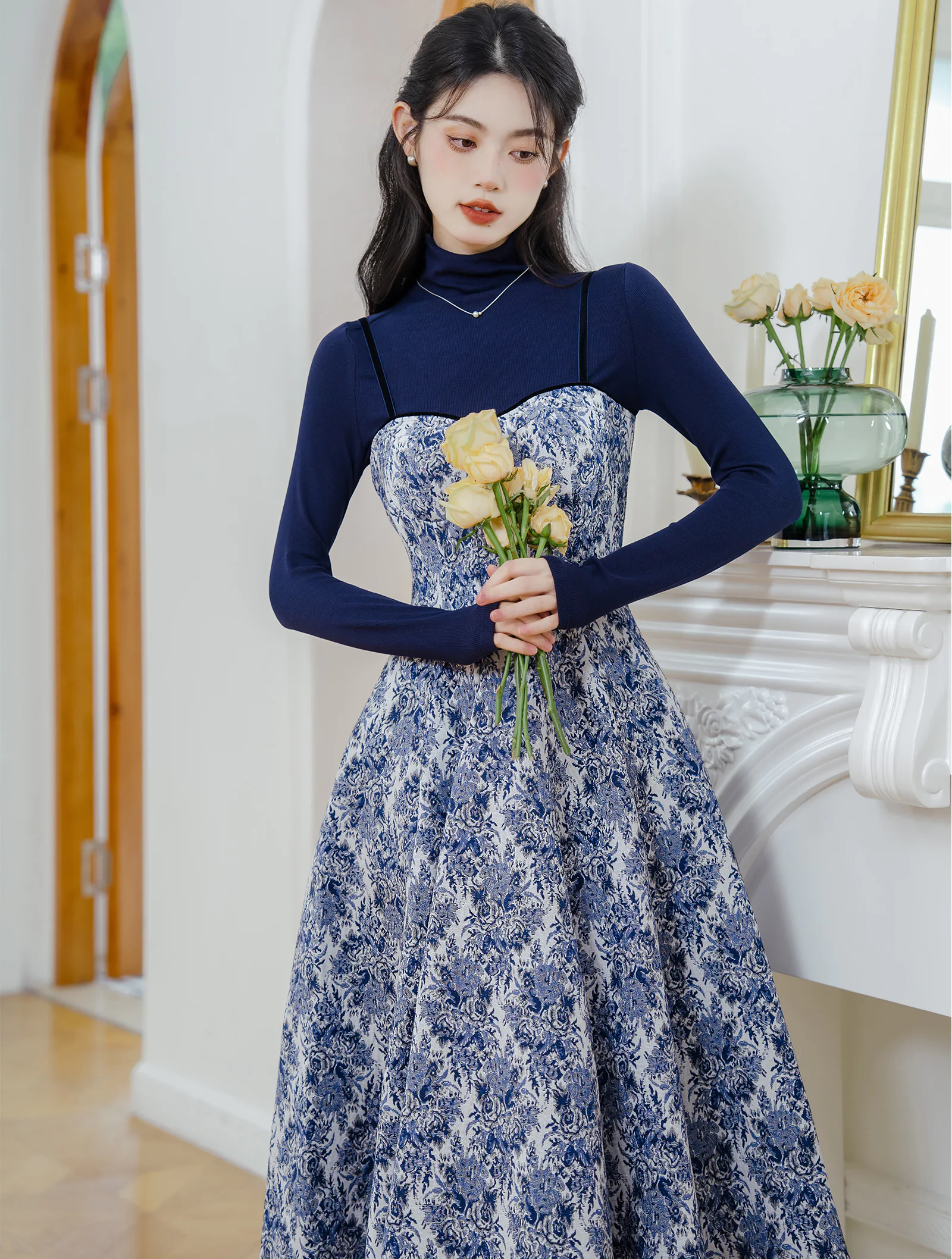 Sweet Blue Turtleneck Knit Sweater with Thick Floral Slip Dress Suit02