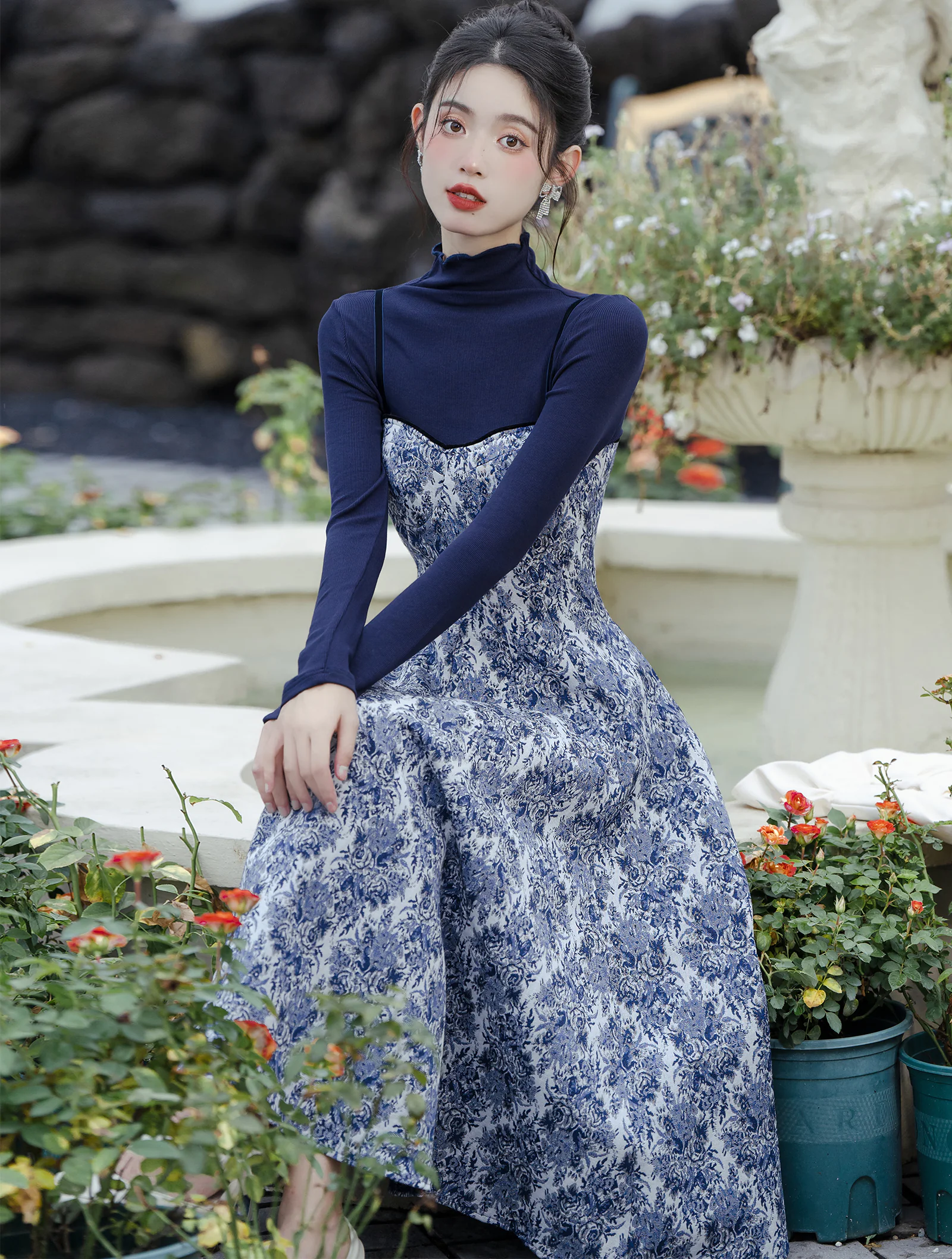 Sweet Blue Turtleneck Knit Sweater with Thick Floral Slip Dress Suit03