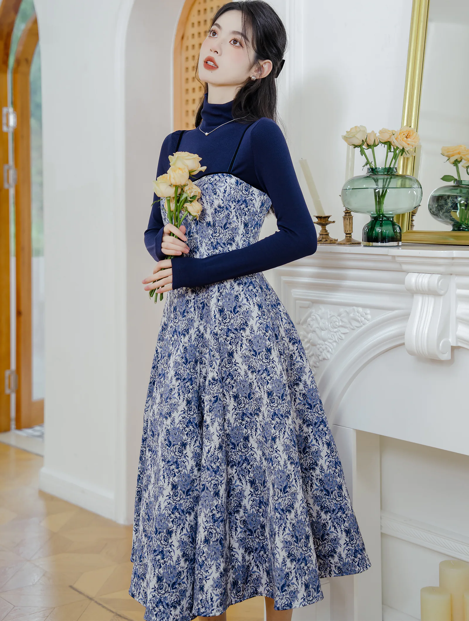 Sweet Blue Turtleneck Knit Sweater with Thick Floral Slip Dress Suit04