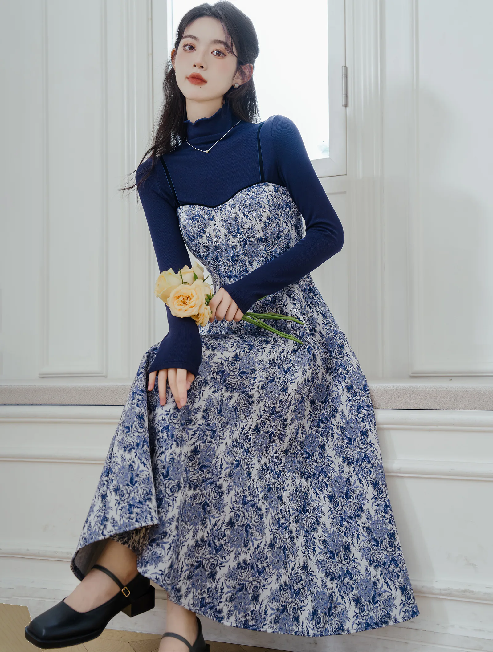 Sweet Blue Turtleneck Knit Sweater with Thick Floral Slip Dress Suit05